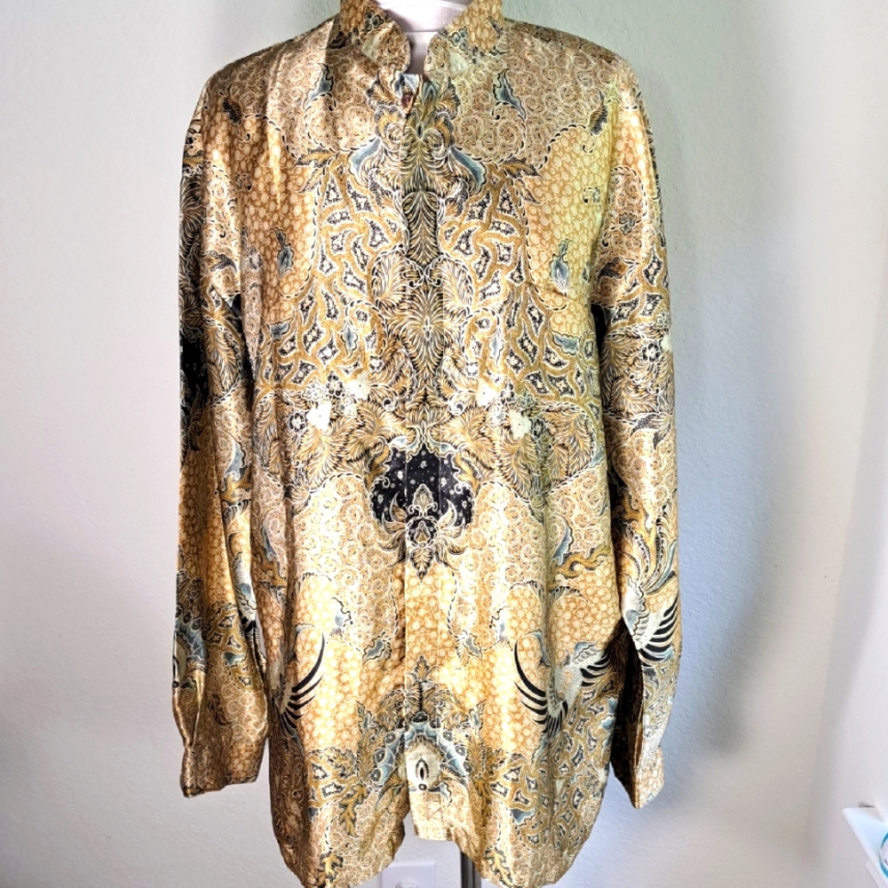 Kresno Men’s XL Indonesian Batik Mandarin Collar Paisley Shirt Hidden Buttons